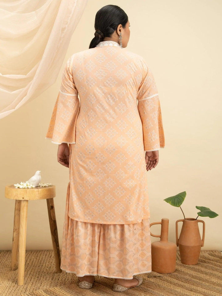 Plus Size Peach Printed Cotton Kurta Set