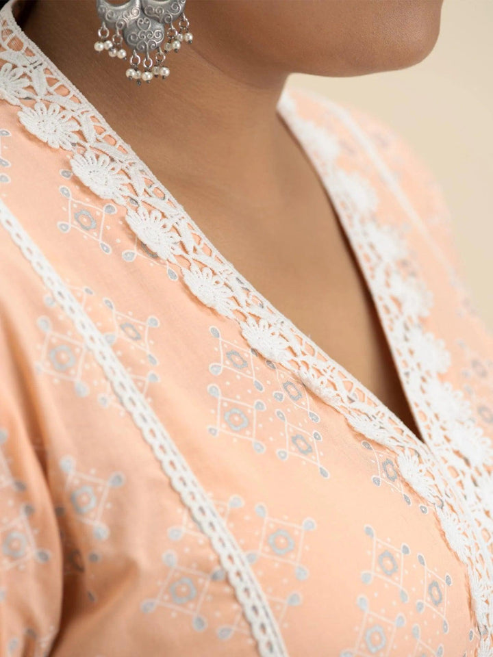 Plus Size Peach Printed Cotton Kurta Set