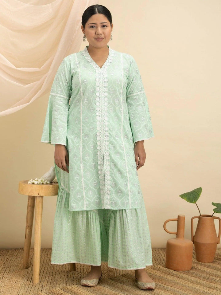 Plus Size Green Printed Cotton Kurta Set