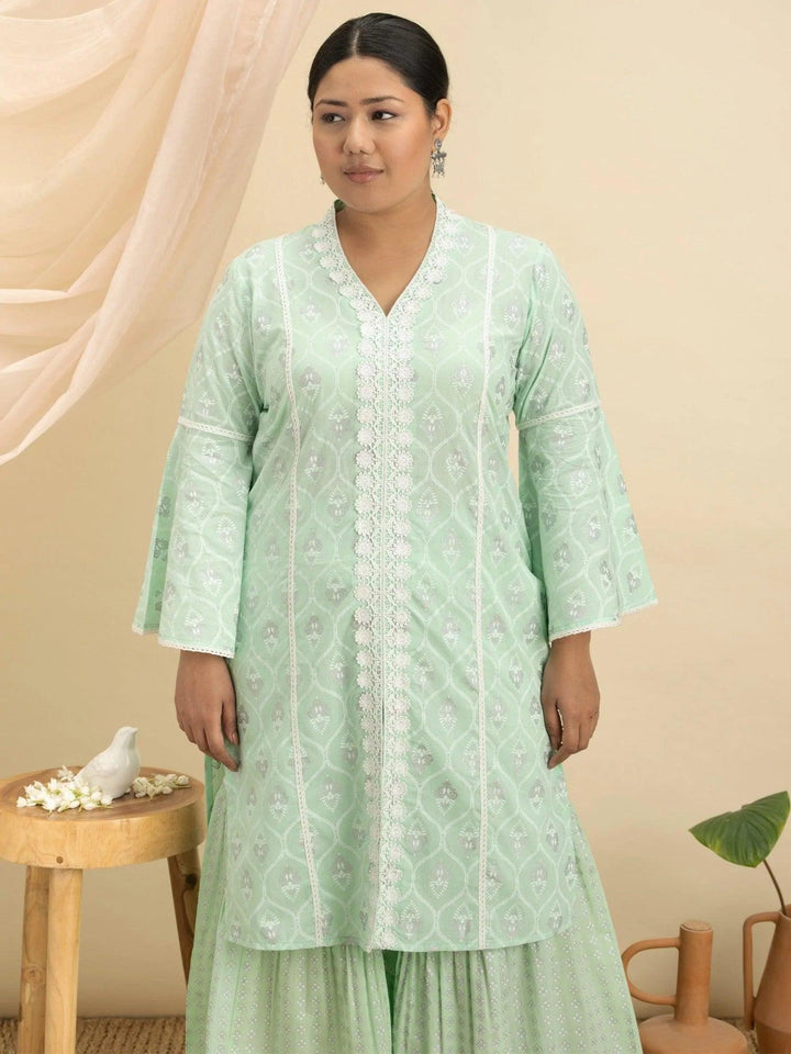 Plus Size Green Printed Cotton Kurta Set