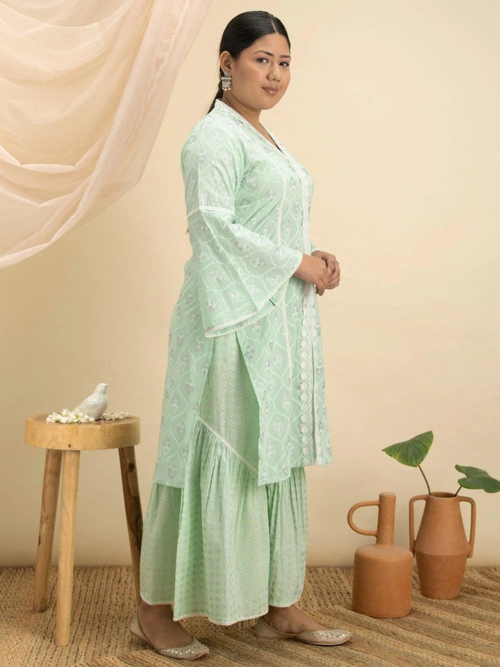 Plus Size Green Printed Cotton Kurta Set