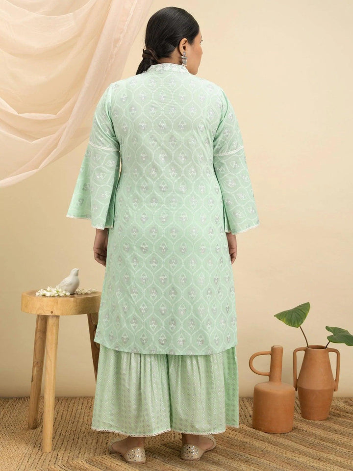Plus Size Green Printed Cotton Kurta Set