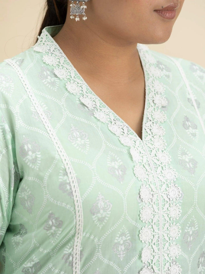 Plus Size Green Printed Cotton Kurta Set