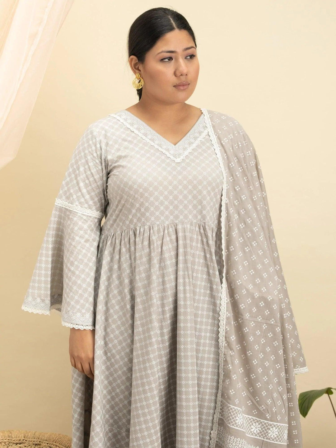 Plus Size Grey Printed Cotton Suit Set - ShopLibas