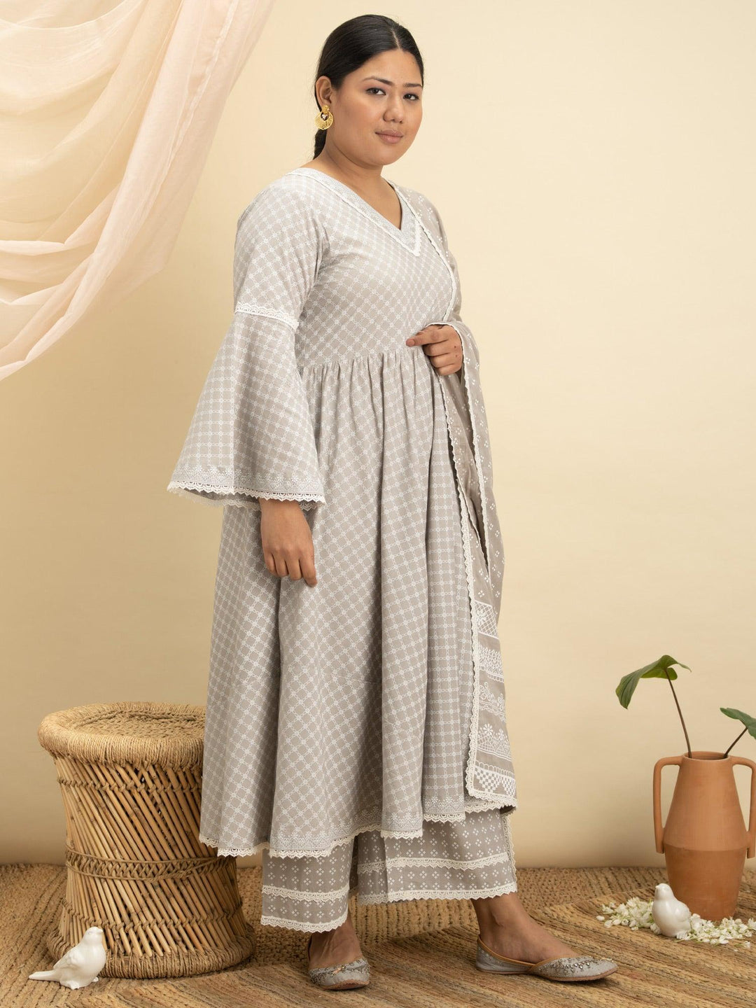 Plus Size Grey Printed Cotton Suit Set - ShopLibas