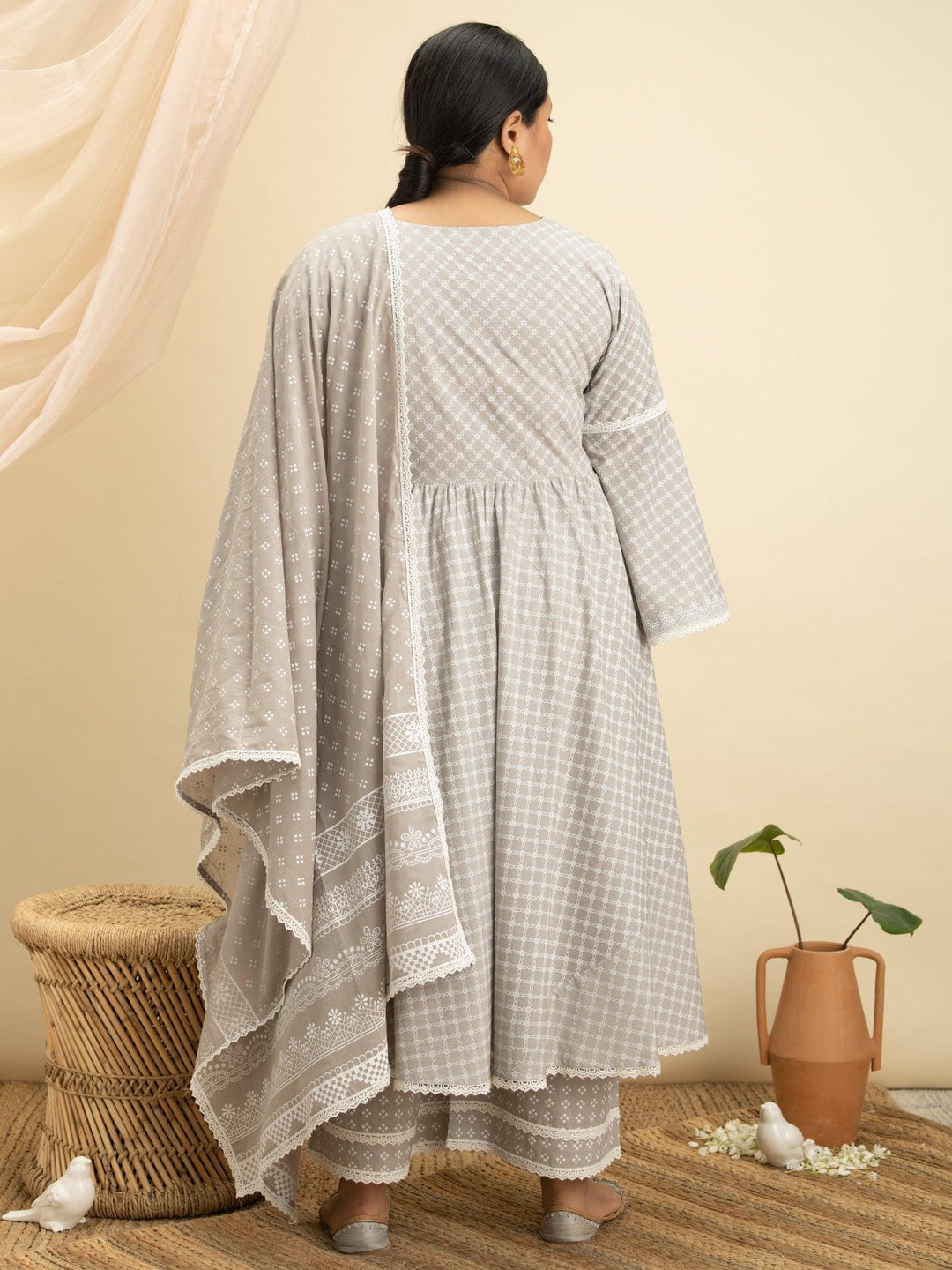Plus Size Grey Printed Cotton Suit Set - ShopLibas