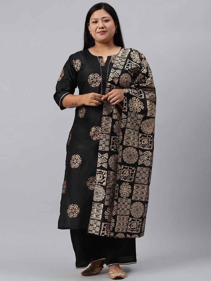 Plus Size Black Printed Silk Blend Suit Set