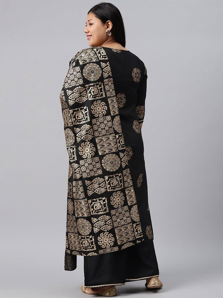Plus Size Black Printed Silk Blend Suit Set