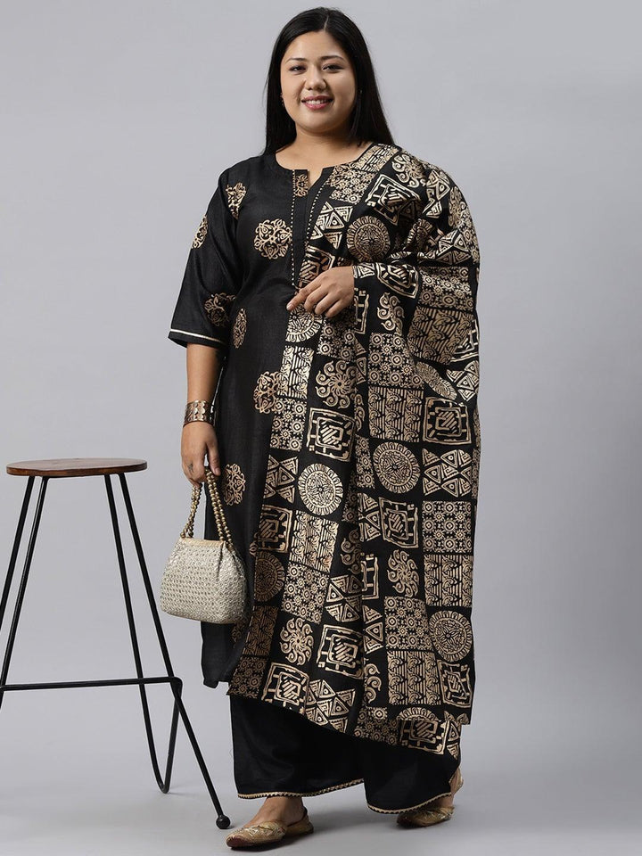 Plus Size Black Printed Silk Blend Suit Set