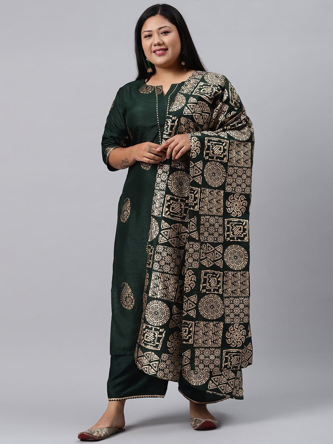 Plus Size Green Printed Silk Blend Suit Set - ShopLibas