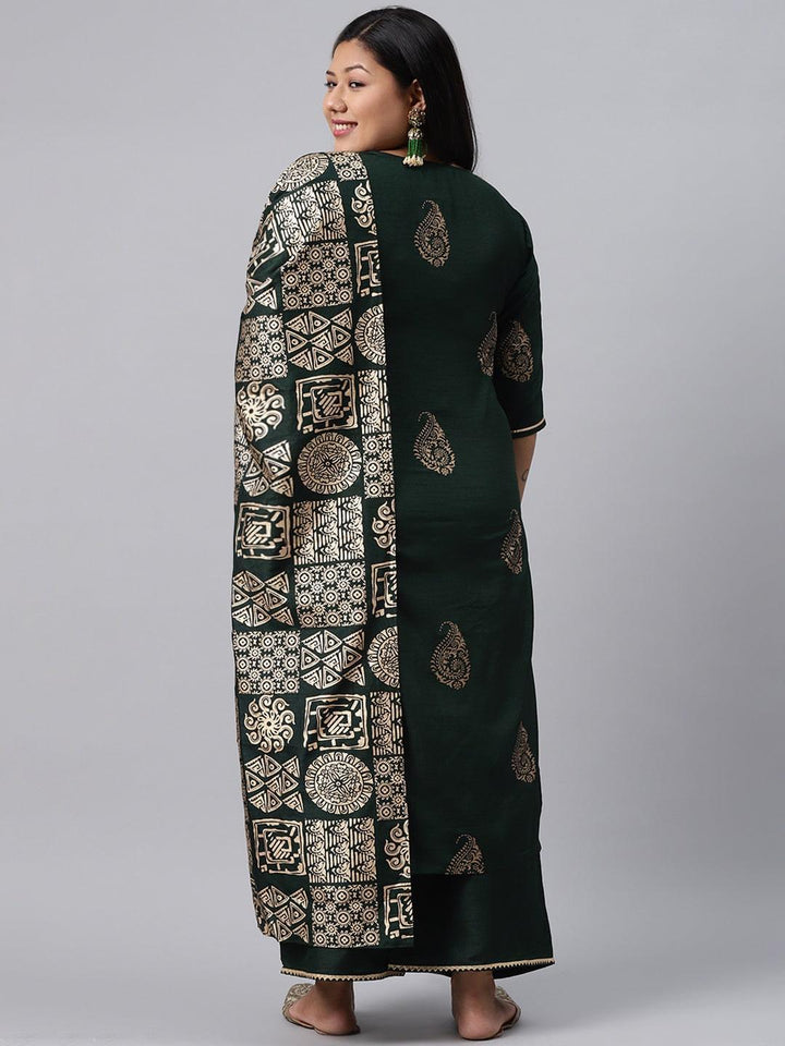 Plus Size Green Printed Silk Blend Suit Set