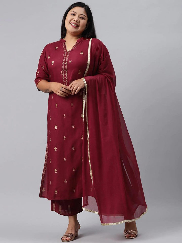 Plus Size Maroon Printed Rayon Suit Set