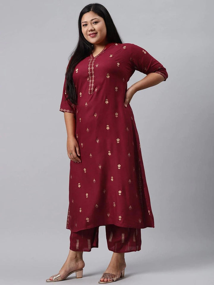 Plus Size Maroon Printed Rayon Suit Set