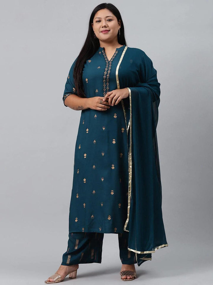 Plus Size Blue Printed Rayon Suit Set