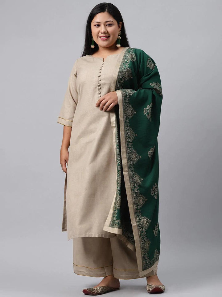 Plus Size Beige Solid Cotton Suit Set