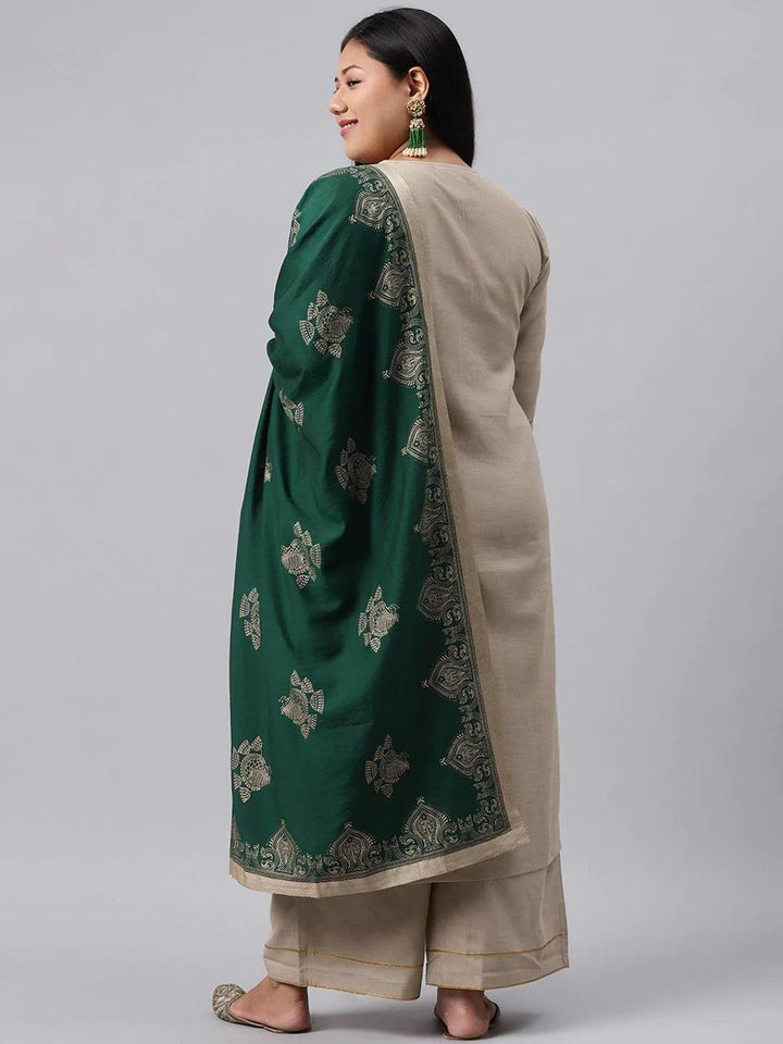 Plus Size Beige Solid Cotton Suit Set