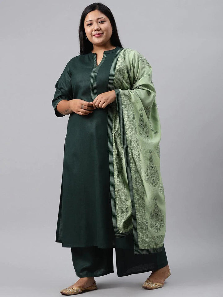 Plus Size Green Solid Cotton Suit Set