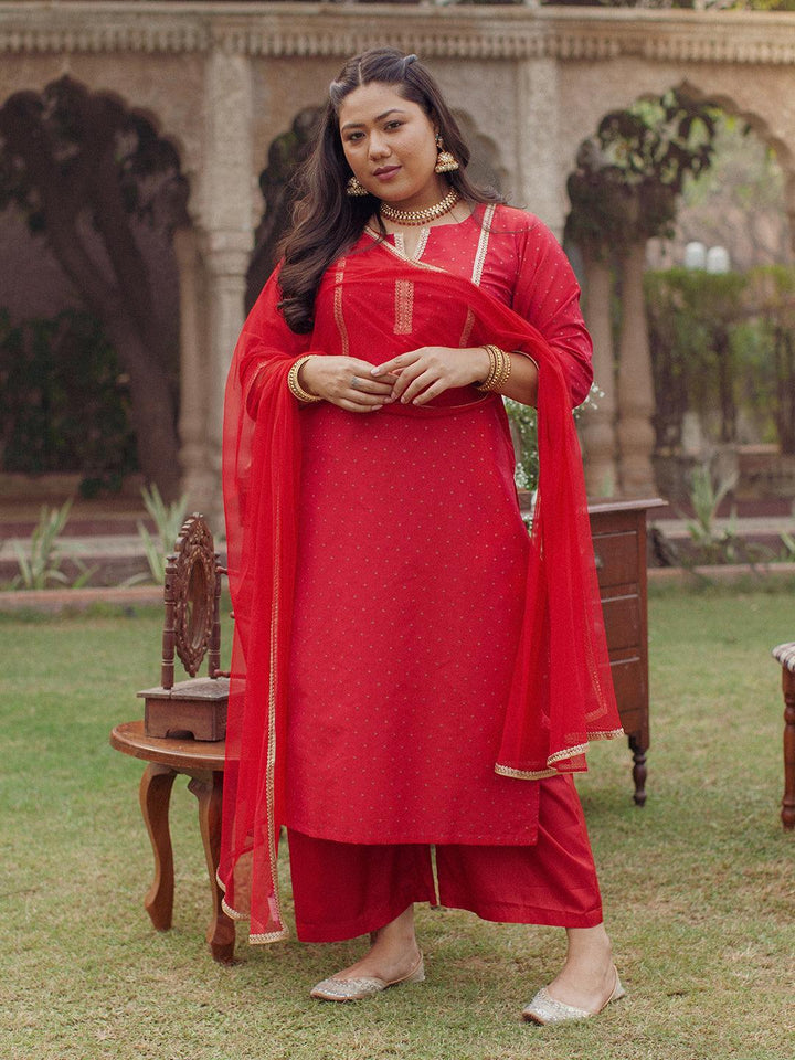 Plus Size Red Woven Design Art Silk Suit Set