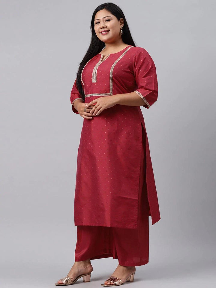 Plus Size Red Woven Design Art Silk Suit Set