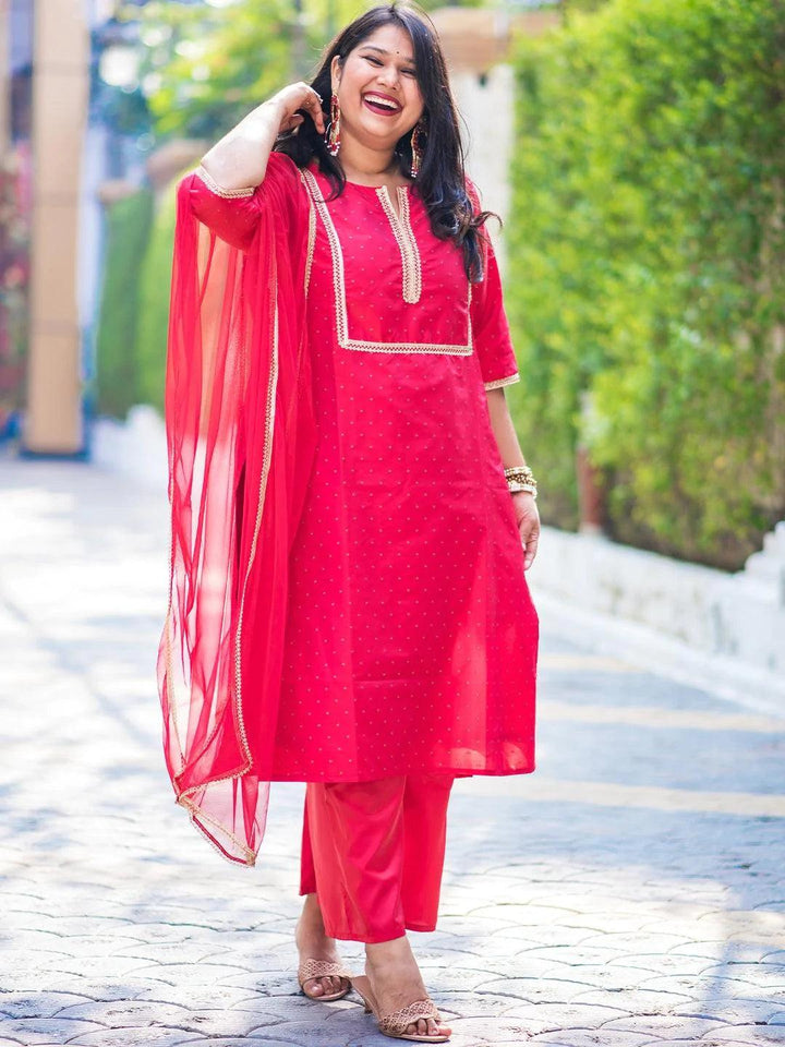 Plus Size Red Woven Design Art Silk Suit Set