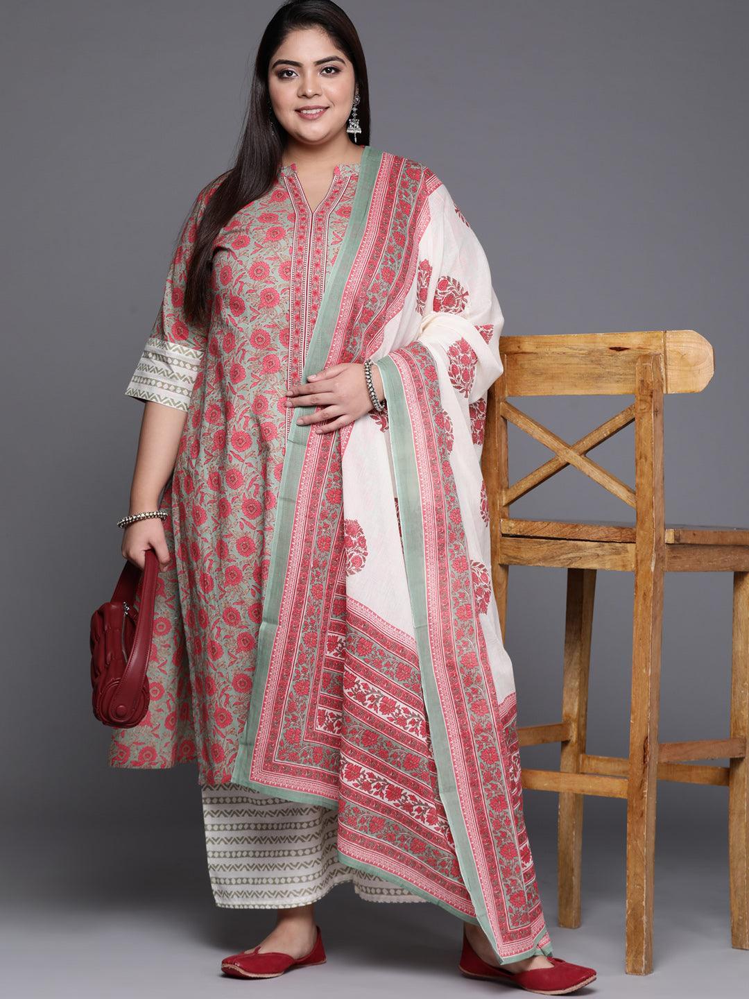 Plus Size Multicoloured Printed Cotton Suit Set - ShopLibas