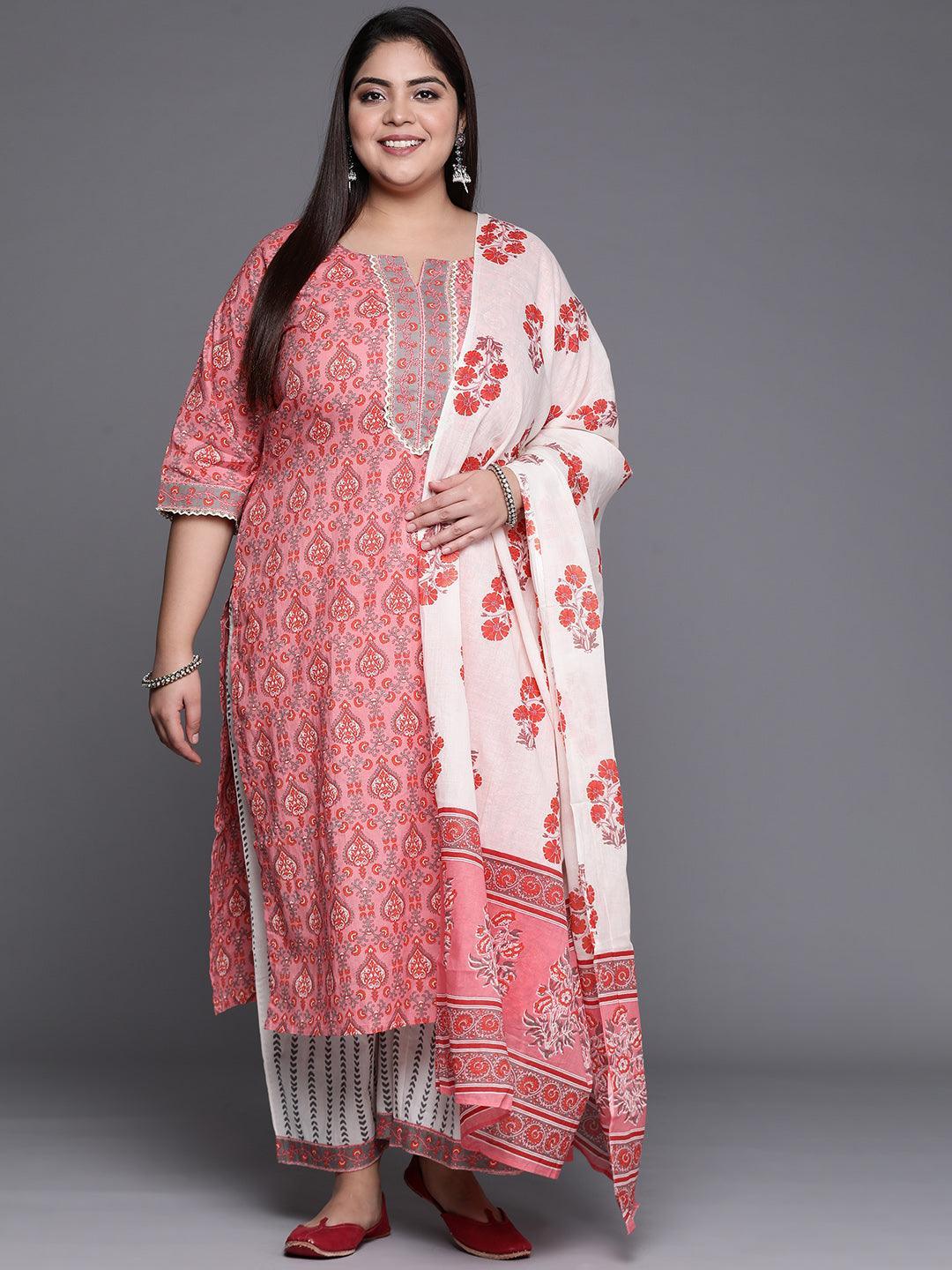 Plus Size Peach Printed Cotton Suit Set - ShopLibas