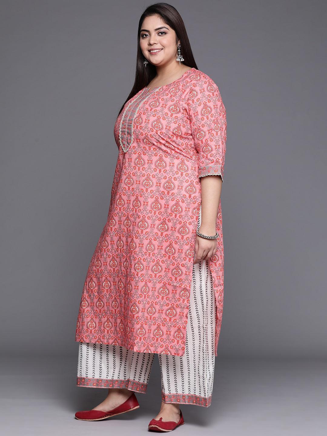 Plus Size Peach Printed Cotton Suit Set - ShopLibas