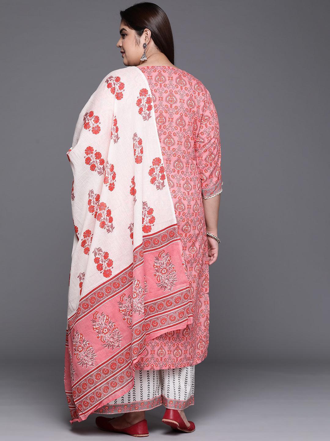 Plus Size Peach Printed Cotton Suit Set - ShopLibas