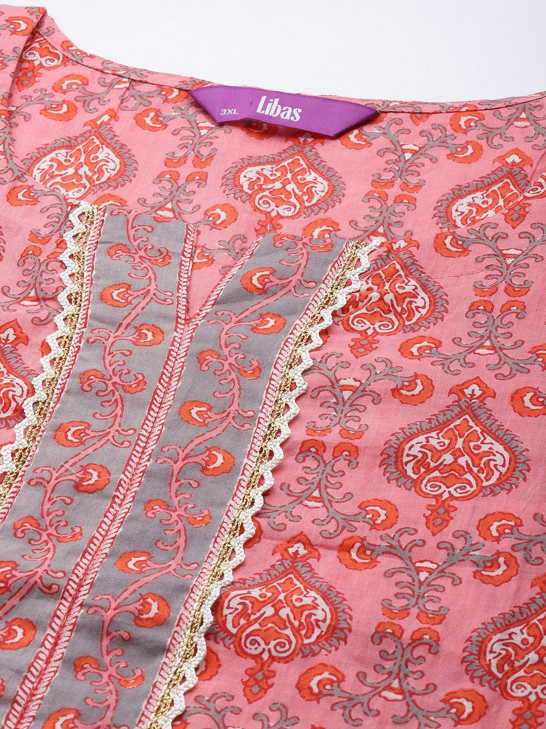 Plus Size Peach Printed Cotton Suit Set - ShopLibas