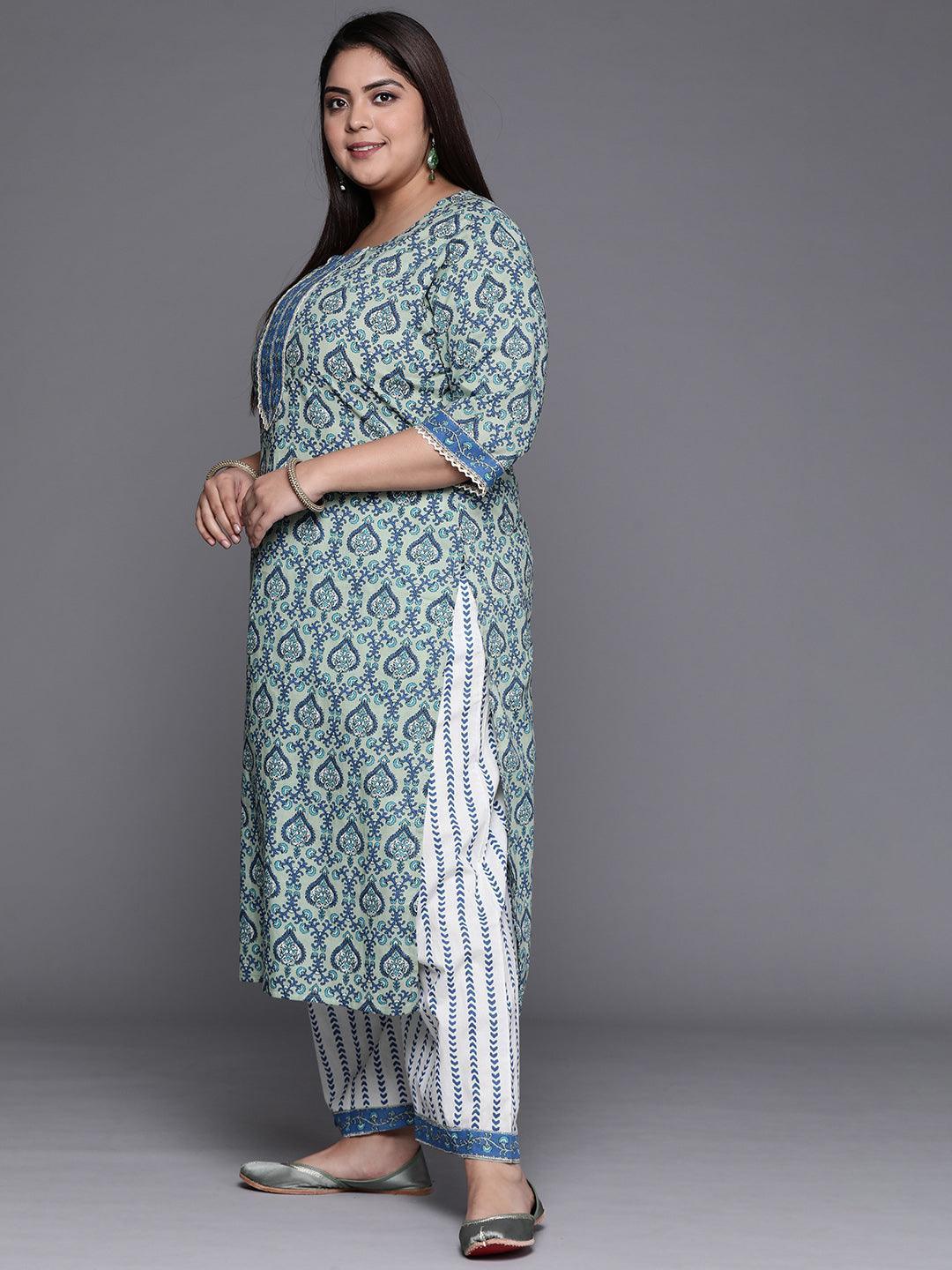 Plus Size Blue Printed Cotton Suit Set - ShopLibas