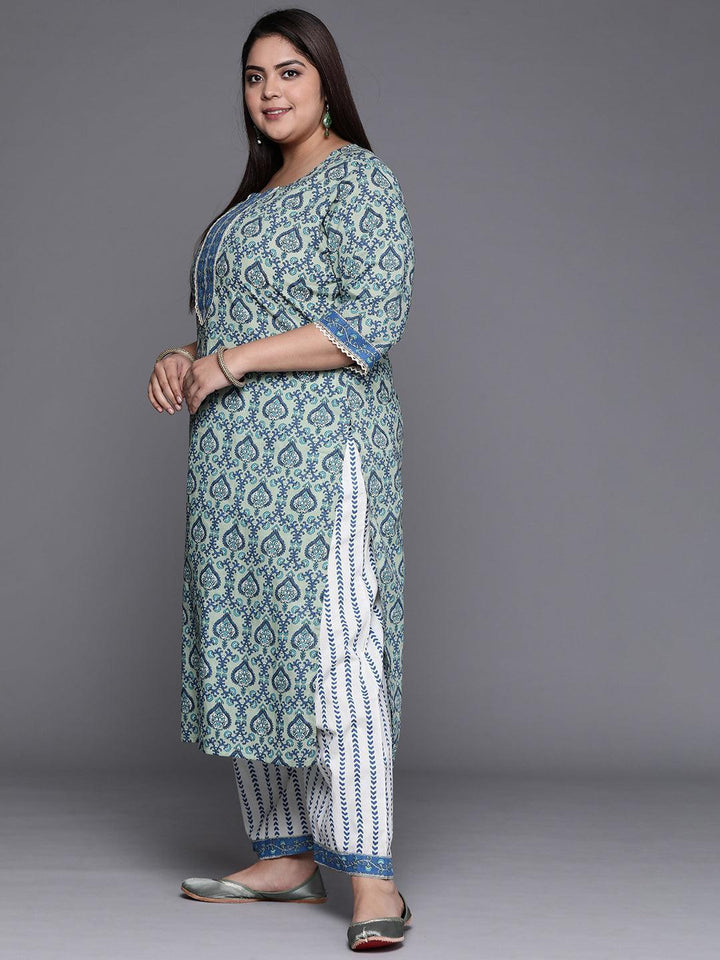 Plus Size Blue Printed Cotton Suit Set
