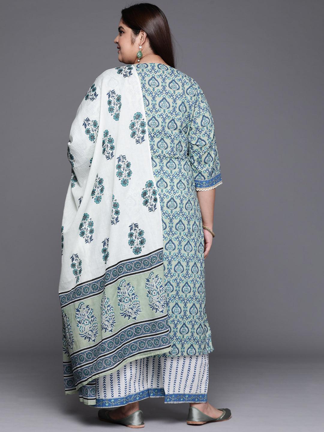 Plus Size Blue Printed Cotton Suit Set - ShopLibas