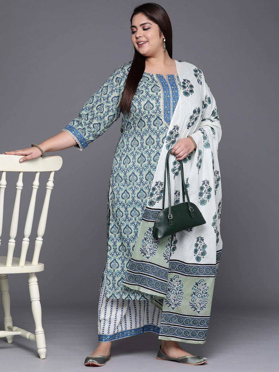 Plus Size Blue Printed Cotton Suit Set - ShopLibas