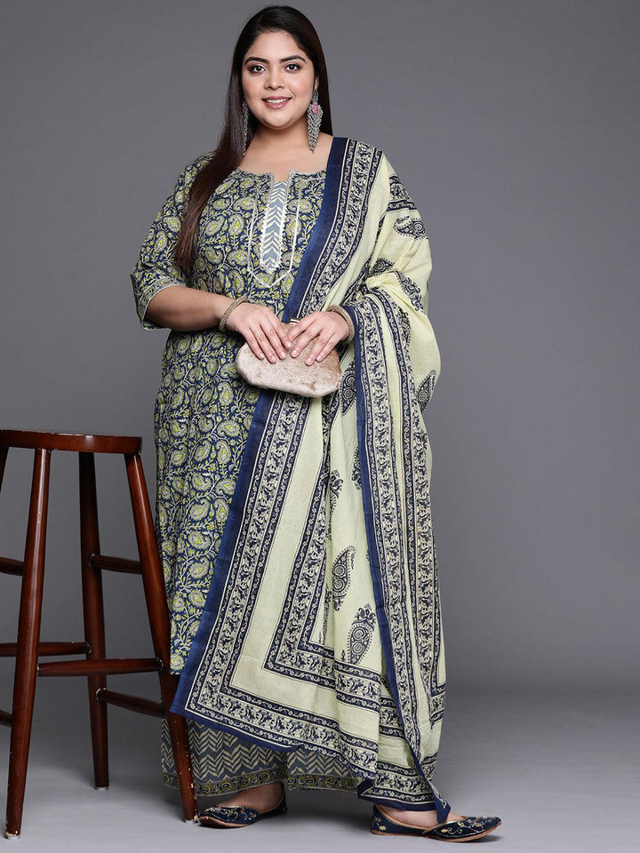 Plus Size Navy Blue Printed Cotton Suit Set