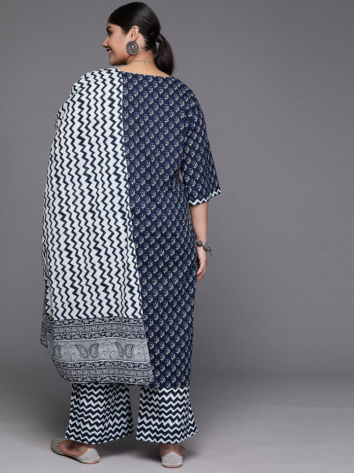 Black Yoke Design Cotton Straight Kurta With Trousers & Dupatta