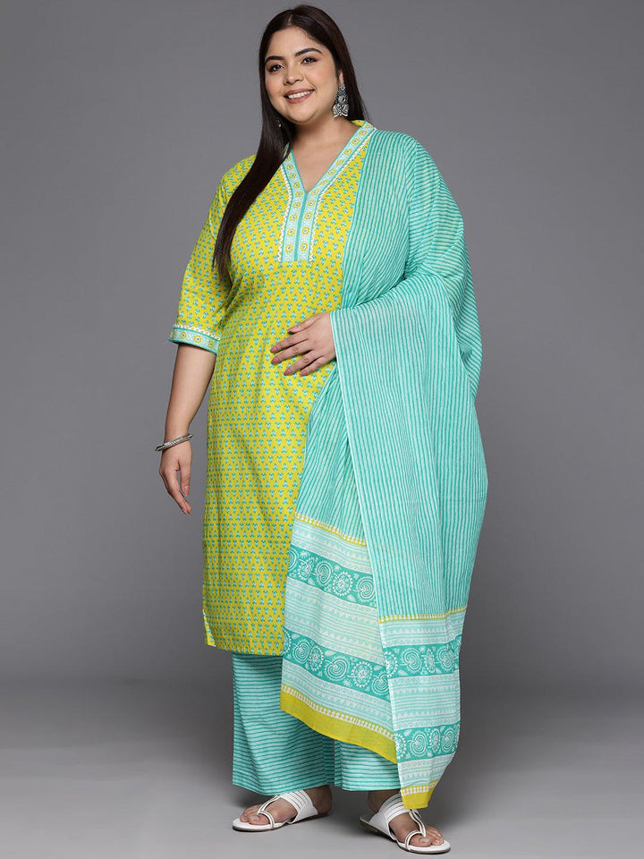 Plus Size Lime Green Printed Cotton Straight Kurta With Trousers & Dupatta