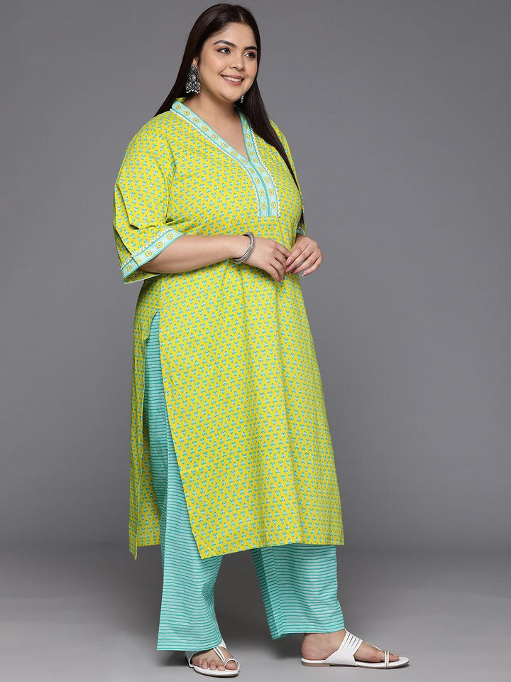 Plus Size Lime Green Printed Cotton Straight Kurta With Trousers & Dupatta