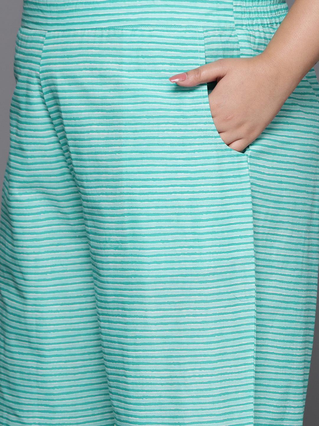 Plus Size Lime Green Printed Cotton Straight Kurta With Trousers & Dupatta - ShopLibas