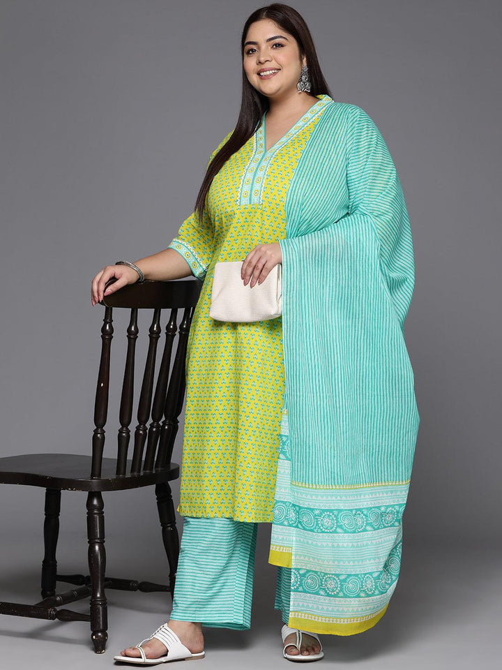 Plus Size Lime Green Printed Cotton Straight Kurta With Trousers & Dupatta