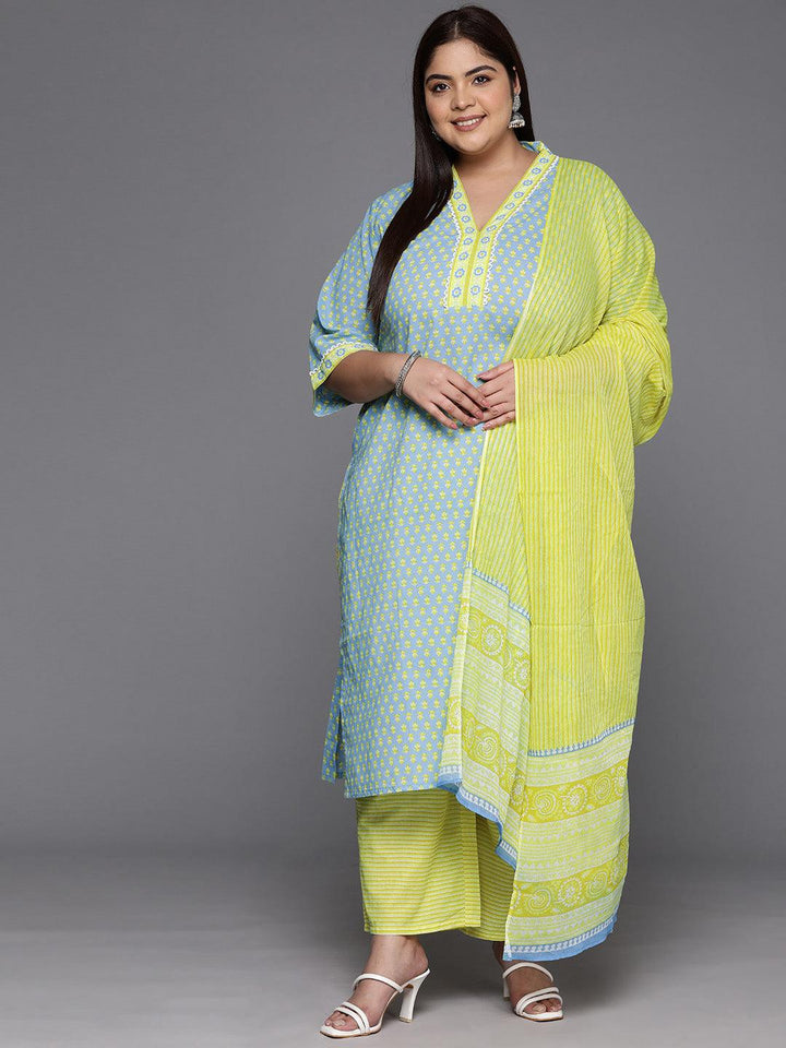 Plus Size Blue Printed Cotton Straight Kurta With Trousers & Dupatta