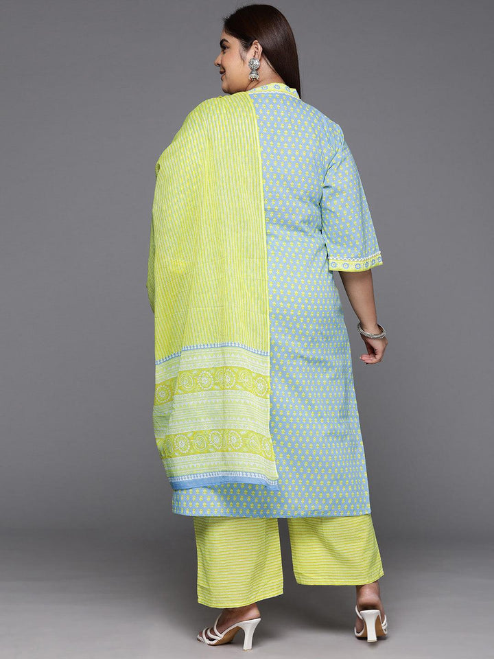 Plus Size Blue Printed Cotton Straight Kurta With Trousers & Dupatta