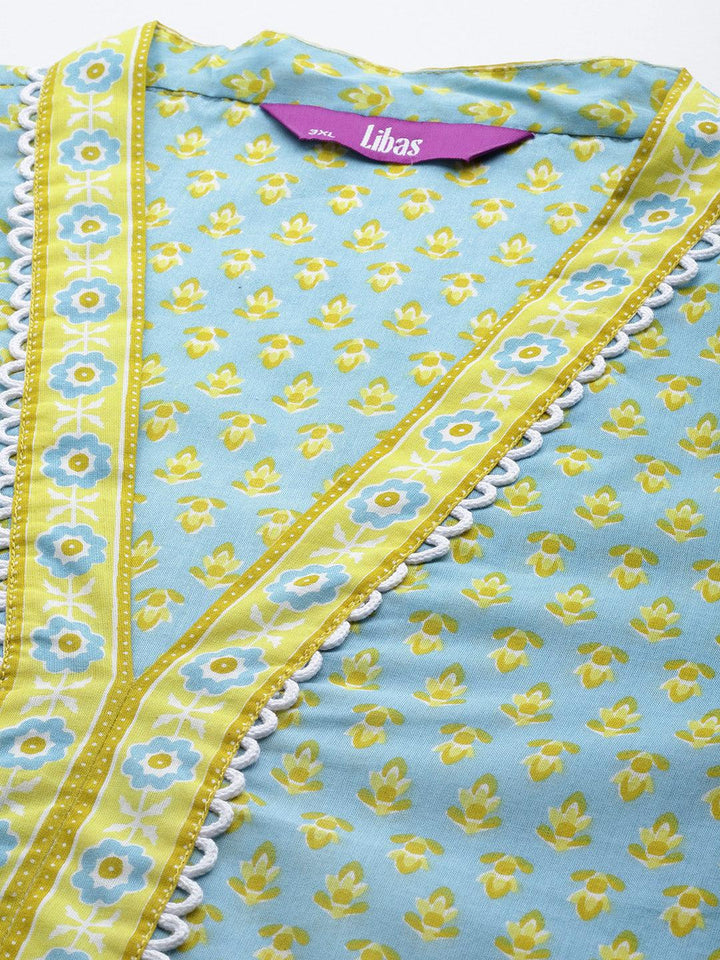 Plus Size Blue Printed Cotton Straight Kurta With Trousers & Dupatta