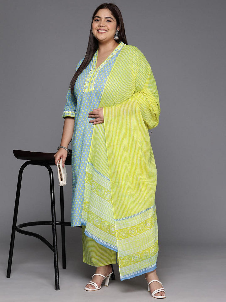 Plus Size Blue Printed Cotton Straight Kurta With Trousers & Dupatta