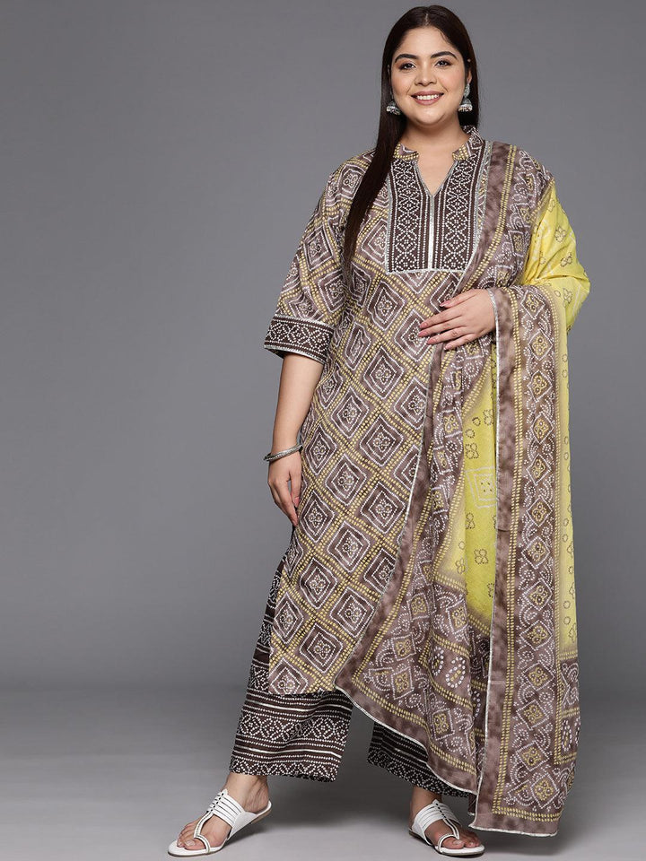 Plus Size Brown Printed Cotton Straight Kurta With Trousers & Dupatta