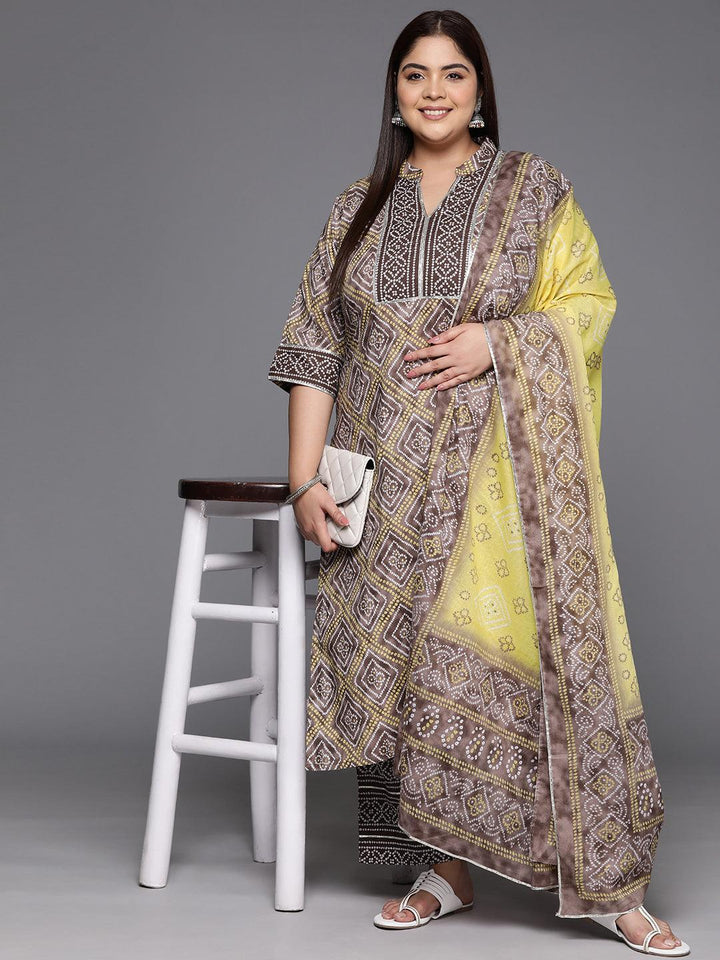 Plus Size Brown Printed Cotton Straight Kurta With Trousers & Dupatta