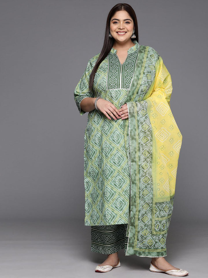 Plus Size Green Printed Cotton Straight Kurta With Trousers & Dupatta