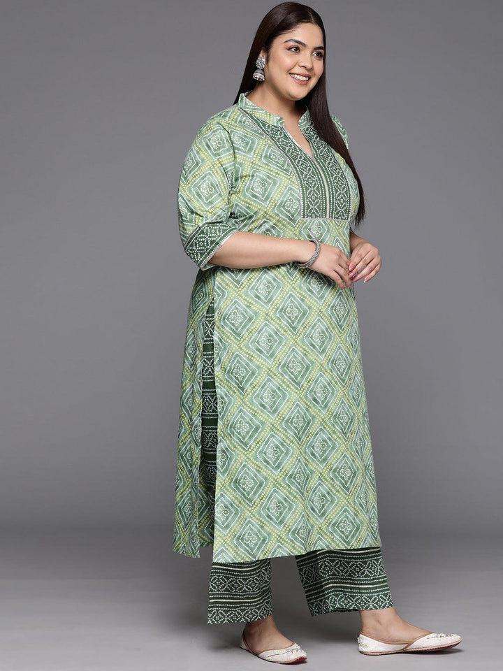 Plus Size Green Printed Cotton Straight Kurta With Trousers & Dupatta