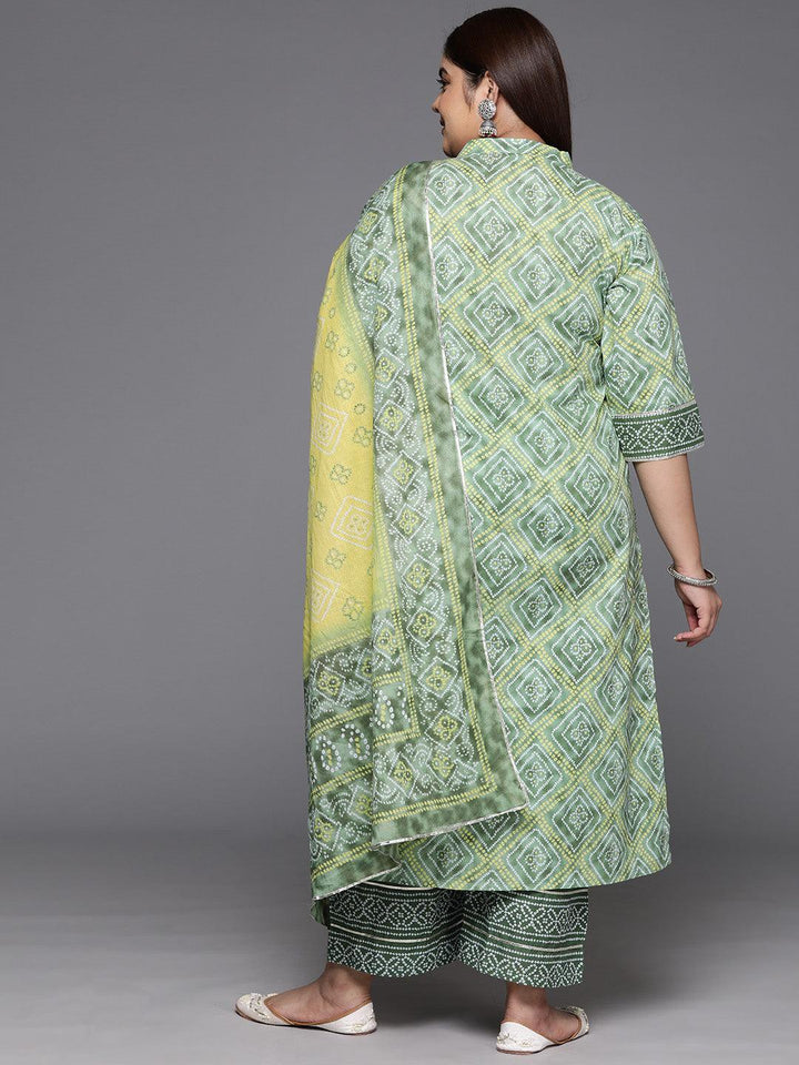 Plus Size Green Printed Cotton Straight Kurta With Trousers & Dupatta