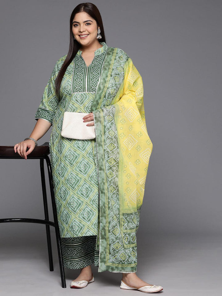 Plus Size Green Printed Cotton Straight Kurta With Trousers & Dupatta