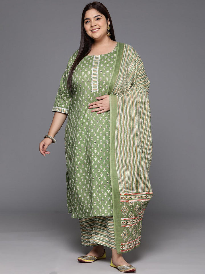 Plus Size Green Printed Cotton Straight Kurta With Trousers & Dupatta